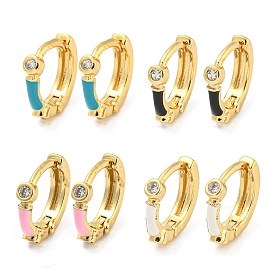 18K Gold Plated Brass Hoop Earrings, with Enamel and Clear Cubic Zirconia