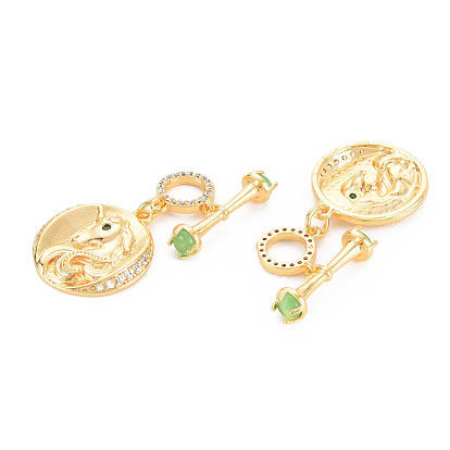 Rack Plating Brass Micro Pave Clear Cubic Zirconia Toggle Clasps, Nickel Free, Flat Round with Unicorn