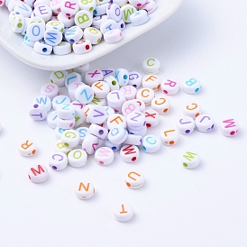 Perles de lettre de trou horizontal acrylique, le style de l'artisanat, plat rond, couleur mixte, 7x3mm, Trou: 1.5mm