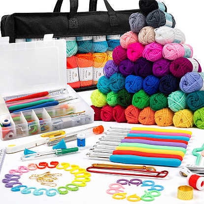 Kits de tejer diy, incluyendo hilo, gancho de crochet y aguja y protector, marcador de puntadas y contador de hileras, tijera, cinta métrica, dedal, segador de costura, caja de almacenamiento y bolsa