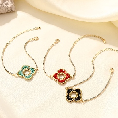 Bracelet à maillons de fleurs en perles de verre avec chaînes en acier inoxydable doré