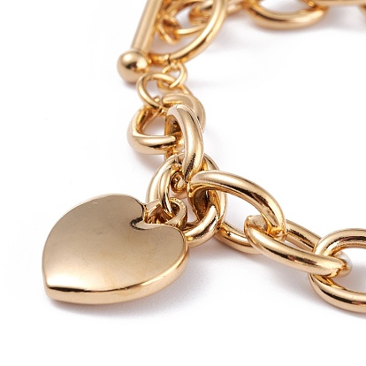 Vacuum Plating 304 Stainless Steel Charm Bracelets, with Toggle Clasps, Heart