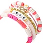 5Pcs 5 Style Polymer Clay Heishi & Word Love Beaded Stretch Bracelets Set, Brass Infinity Link Adjustable Bracelets