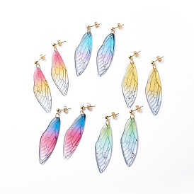 Resin Butterfly Wing Dangle Stud Earrings, Gold Plated 304 Stainless Steel Long Drop Earrings for Women
