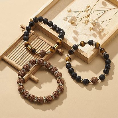 3Pcs 3 Style Natural Rudraksha & Tiger Eye & Lava Rock Beaded Stretch Bracelets Set, Essential Oil Gemstone Jewelry for Women