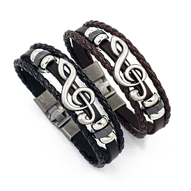 Cowhide Leather Braided Triple Layer Multi-strand Bracelet, Music Note Alloy Beaded Bracelet for Men Women