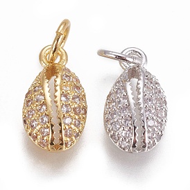 Brass Micro Pave Cubic Zirconia Charms, Cowrie Shell, Clear