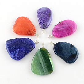 Teardrop Dyed Natural Crackle Agate Pendants with Silver Color Plated Iron Clasps, 47~50x27~43x6~8mm, Hole: 6x4mm