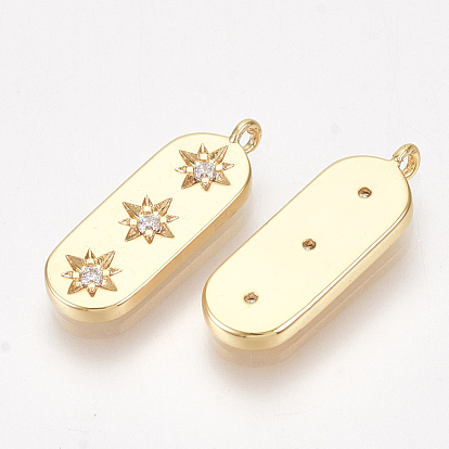 Brass Pendants, Nickel Free, Real 18K Gold Plated, with Cubic Zirconia, Oval with Star, Clear