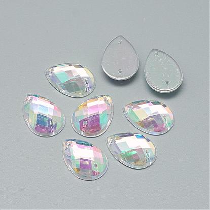 Sew on Rhinestone, Transparent Acrylic Rhinestone, Two Holes, Garment Accessories, AB Color Plated, Faceted, Drop