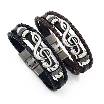 Bracelet multi-rangs triple couche tressé en cuir de vachette, Bracelet de perles en alliage de note de musique pour hommes femmes