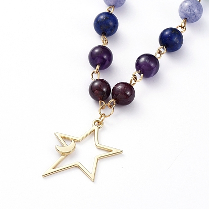 Chakra bijoux, 304 colliers de chaîne d'acier inoxydable, avec des pendentifs en alliage, perles de pierres précieuses et rallonge de chaîne en fer, étoiles