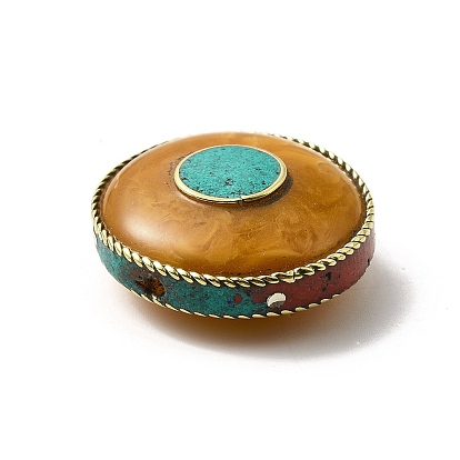 Brass Beeswax Beads, with Synthetic Turquoise, Flat Round