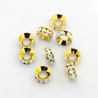 Grade A Brass Rhinestone Spacer Beads, Basketball Wives Spacer Beads for Jewelry Making, Rondelle, Golden, 10x4mm, Hole: 5mm