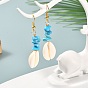 Natural Cowrie Shell Beads Dangle Earrings, Brass Jewelry for Girl Women, Natural & Synthetic Mixed Stone Chip Beads Earrings, Golden