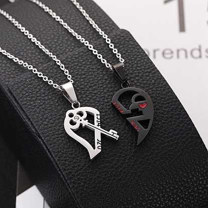 2Pcs 2 Style Word 1314 520 Couple Necklaces Set, 201 Stainless Steel Matching Heart Pendants Necklace for Bestfriends Lovers