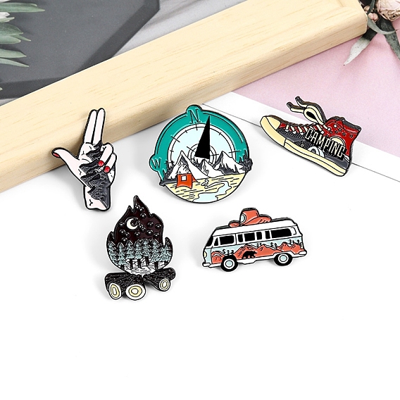Spring Theme Alloy Brooches, Enamel Travel Lapel Pin, for Backpack Clothes, Palm/Fire/Car/Mountain/Shoes