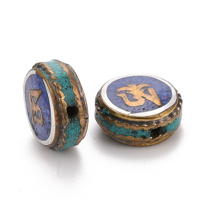 Handmade Tibetan Style Brass Beads, with Synthetic Turquoise, Flat Round