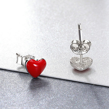 925 Sterling Silver Enamel Stud Earrings, Heart, with 925 Stamp, Real Platinum Plated