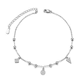 SHEGRACE 925 Sterling Silver Charm Anklet, with Grade AAA Cubic Zirconia, Rhombus & Flat Round & Triangle