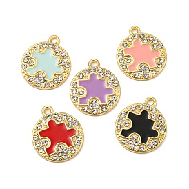 Alloy Enamel Pendants, with Rhinestone, Long-Lasting Plated, Flat Round with Puzzle Charm