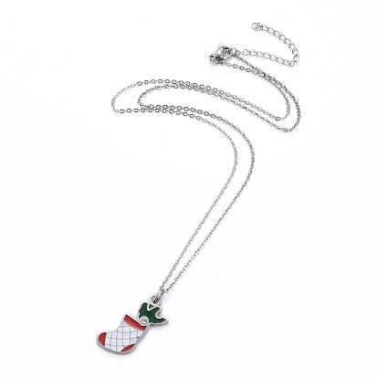 Ion Plating(IP) 304 Stainless Steel Pendant Necklaces, for Christmas, with Enamel and Rhinestone, Christmas Stocking, Colorful