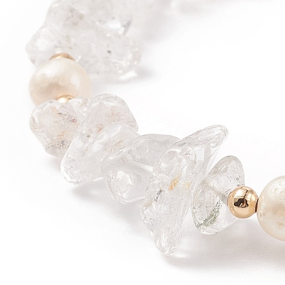 Natural Gemstone Chips & Pearl Beaded Slider Bracelet for Women, Golden