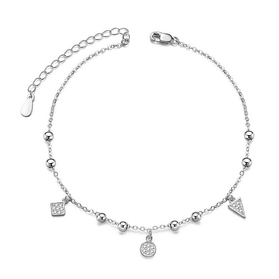 SHEGRACE 925 Sterling Silver Charm Anklet, with Grade AAA Cubic Zirconia, Rhombus & Flat Round & Triangle