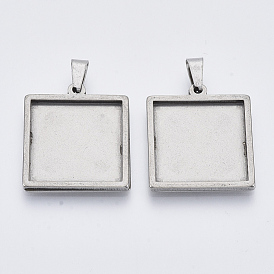 304 Stainless Steel Pendant Cabochon Settings, Plain Edge Bezel Cups, Square