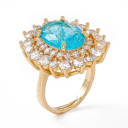 Овальное регулируемое кольцо из темного небесно-голубого стекла с кубическим цирконием, украшения из латуни для женщин
