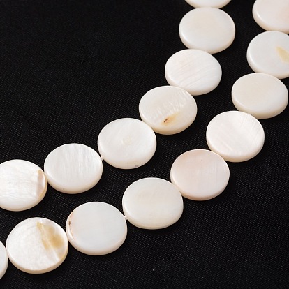 Natural White Shell Beads Strands, Mother of Pearl Shell Beads, Flat Round