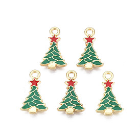 Rack Plating Alloy Enamel Pendants, Cadmium Free & Nickel Free & Lead Free, Light Gold, Christmas Tree with Star