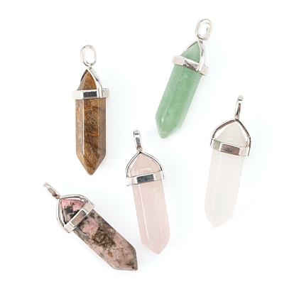 5Pcs 5 Style Natural Gemstone Pendants, with Platinum Brass Findings, Bullet