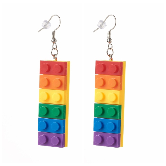 Toy Bricks Style Rainbow Opaque Acrylic Dangle Earring, with Platinum Plated Iron Earring Hooks