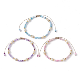 3Pcs 3 Color Natural Pearl & Glass Seed Braided Bead Bracelets Set, Nylon Adjustable Bracelets