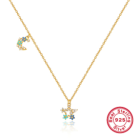 Colorful Cubic Zirconia Moon & Star Pendant Necklace, with 925 Sterling Silver Chains, with S925 Stamp