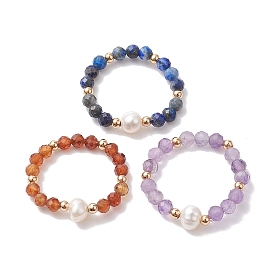 3Pcs Natural Lapis Lazuli/Garnet/Amethyst with Plastic Pearl with Glass Braided Beaded Finger Rings