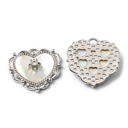 Brass Cubic Zirconia Pendants, with Shell, Heart Charm