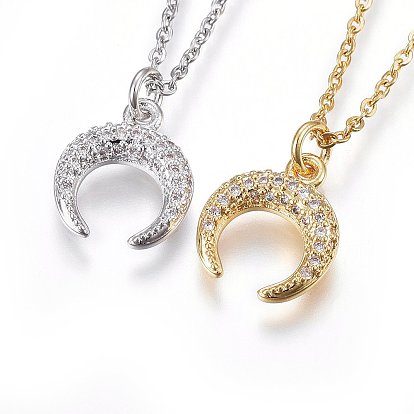 304 Stainless Steel Pendant Necklaces, with Cubic Zirconia, Double Horn/Crescent Moon, Clear