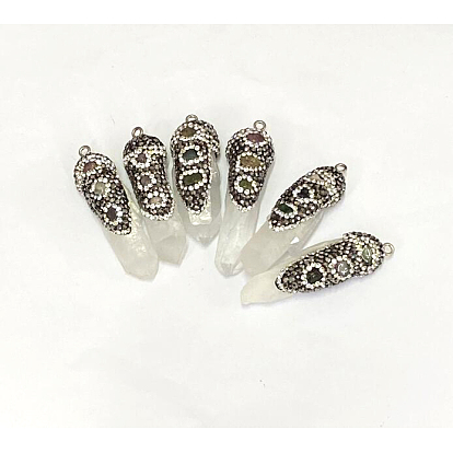 Nuggets grandes colgantes de cristal druzy naturales, con cuentas de turmalina, diamantes de imitación de arcilla de polímero y hallazgos de bronce tono platino, 40~69x11~19 mm, agujero: 2 mm