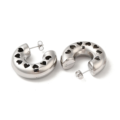 304 Stainless Steel Round with Heart Stud Earrings, Half Hoop Earrings