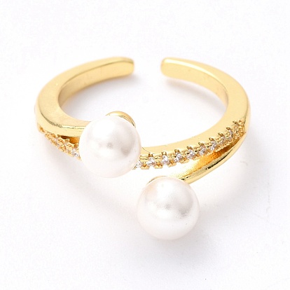 Latón micro pavé claro anillos de brazalete de circonio cúbico, anillos abiertos, con cuentas redondas de concha perla, larga duración plateado