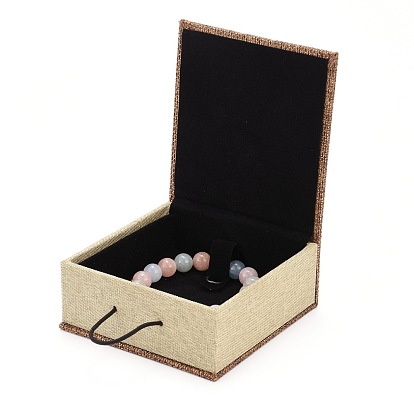 Boîtes à bracelet en bois rectangle, de toile de jute et de velours, 10.4x10x5.2 cm