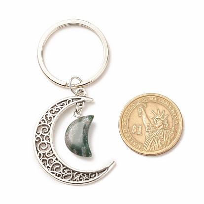 Mixed Stone and Tibetan Style Alloy Keychain, with Iron Split Key Rings, Moon