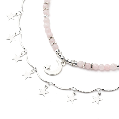 2 шт. 2 набор ожерелий с подвесками в виде луны и звезды из сплава, Женские ожерелья из натурального розового опала и синтетического гематита с бусинами