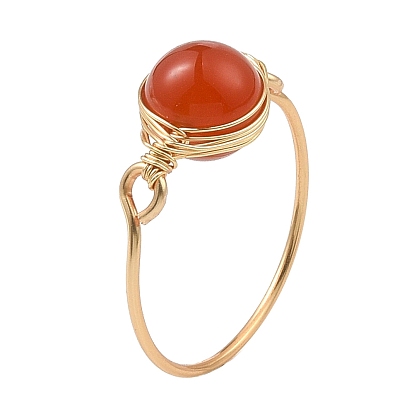 Natural Mixed Gemstone Braided Bead Finger Ring, Copper Wire Wrap Jewelry for Women