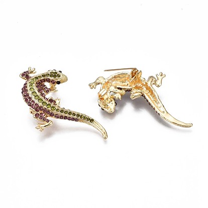 Broche de aleación gecko con diamantes de imitación, 3 pin de solapa animal d para ropa de mochila, libre y sin plomo níquel, dorada luz