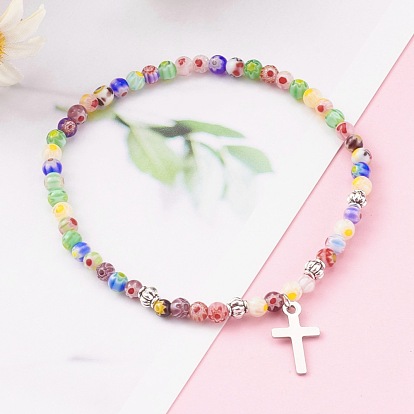 304 Stainless Steel Charm Stretch Bracelets, with Alloy Beads and Millefiori Glass Beads, Cross
