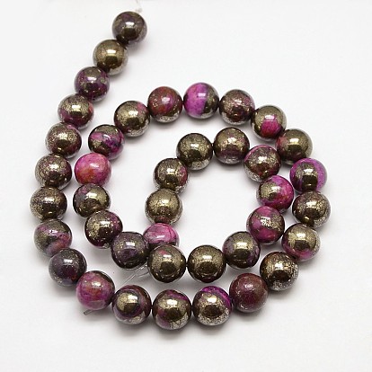 Electroplate Gemstone Natural Pyrite Round Beads Strands, Dyed