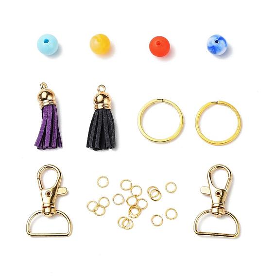 DIY Keychain Making Kits, 60Pcs Round Acrylic Beads, 14Pcs Iron Jump Rings, Split Key Rings and Zinc Alloy Swivel Clasps, 2Pcs Faux Suede Tassel Pendant Decorations